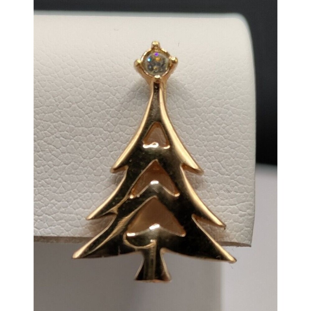 Avon Gold Tone Christmas Tree W/Rhinestone Tree Topper PIn .75" long